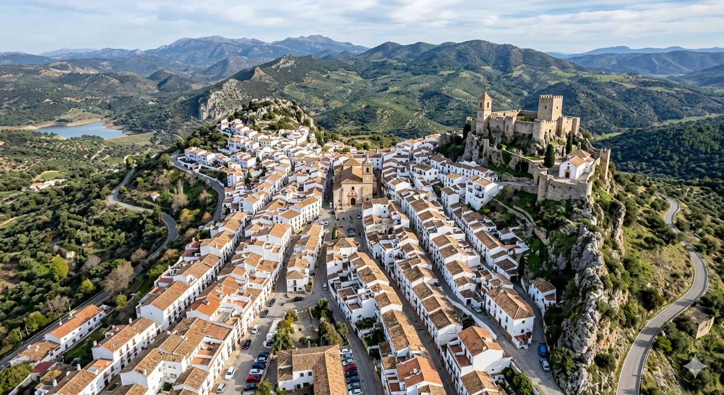 Vista aérea de Gaucín, pueblo blanco cerca de Ronda, con el Castillo del Águila y la Serranía