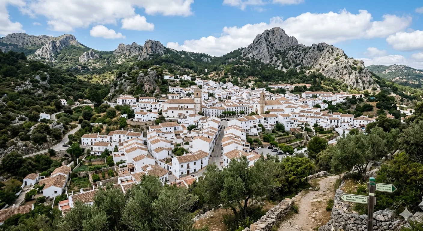 Vista de Grazalema desde uno de sus miradores con la sierra al fondo
